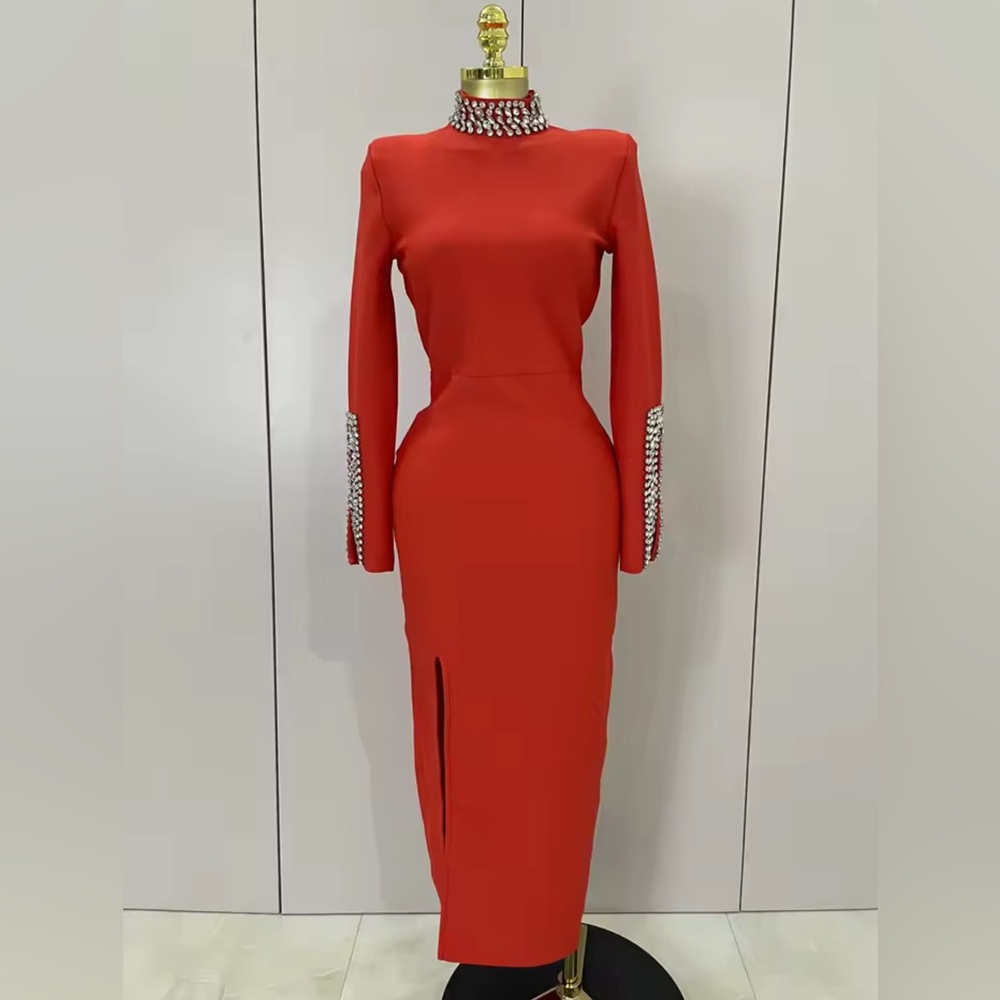 Elegant Red Long Sleeve Dress with Embellishments